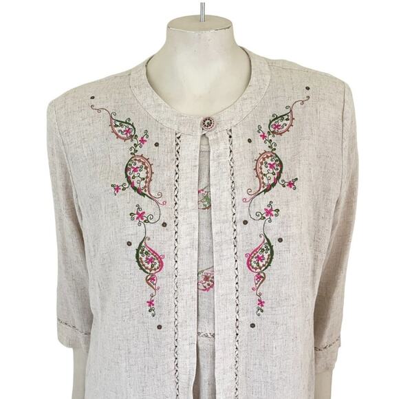 VTG NANCY BOLEN Flax Blend Embroidered Sleeveless Maxi Dress in Oatmeal SZ L - Picture 5 of 11